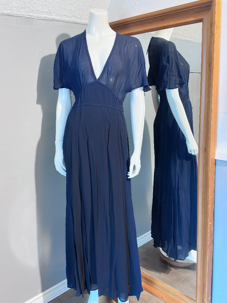 Reformation Maisie Navy Maxi Dress V Neck Sheer Top Dolman Sleeve Size 6 Nwt